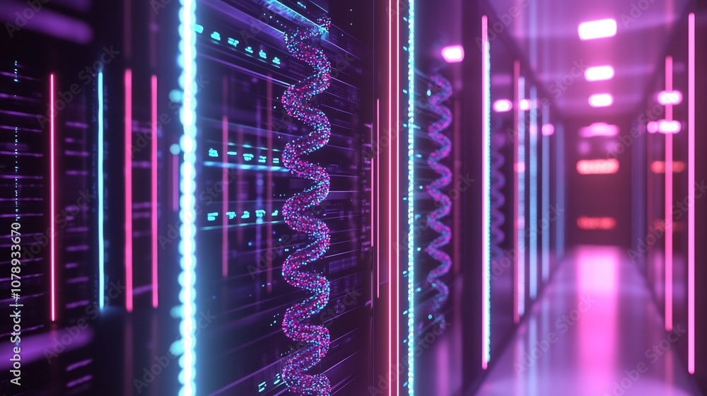 Poster futuristic dna data storage server room with glowing racks of dna strands highlighting efficient dig