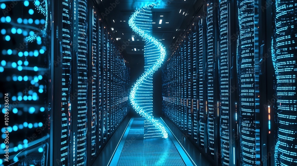 Poster futuristic server room featuring glowing dna strands for efficient data storage
