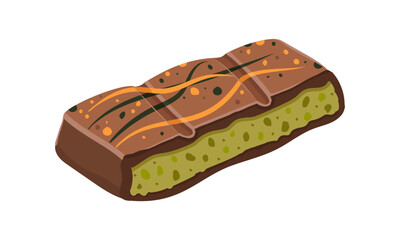 Dubai dark chocolate bar with pistachio nuts paste and kataifi dough, pastry. Vector illustration of bars  vibrant green filling flavor on isolated white background. Close up viral piece flat style