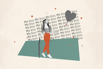 Composite photo collage of happy girl walk umbrella heart shape balloon blogging like valentine...