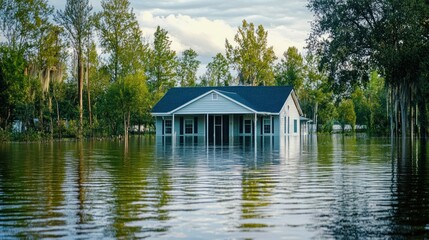 Fototapeta premium Flooded suburban house surrounded by water and trees. Natural disaster and flooding concept