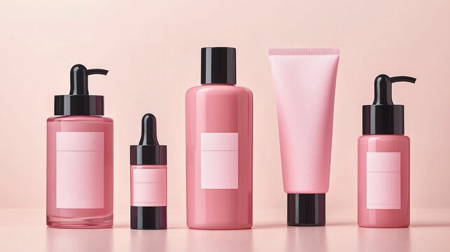 Mockup product concept, A modern collection of pink skincare products elegantly displayed against a soft background, emphasizing beauty and self-care.