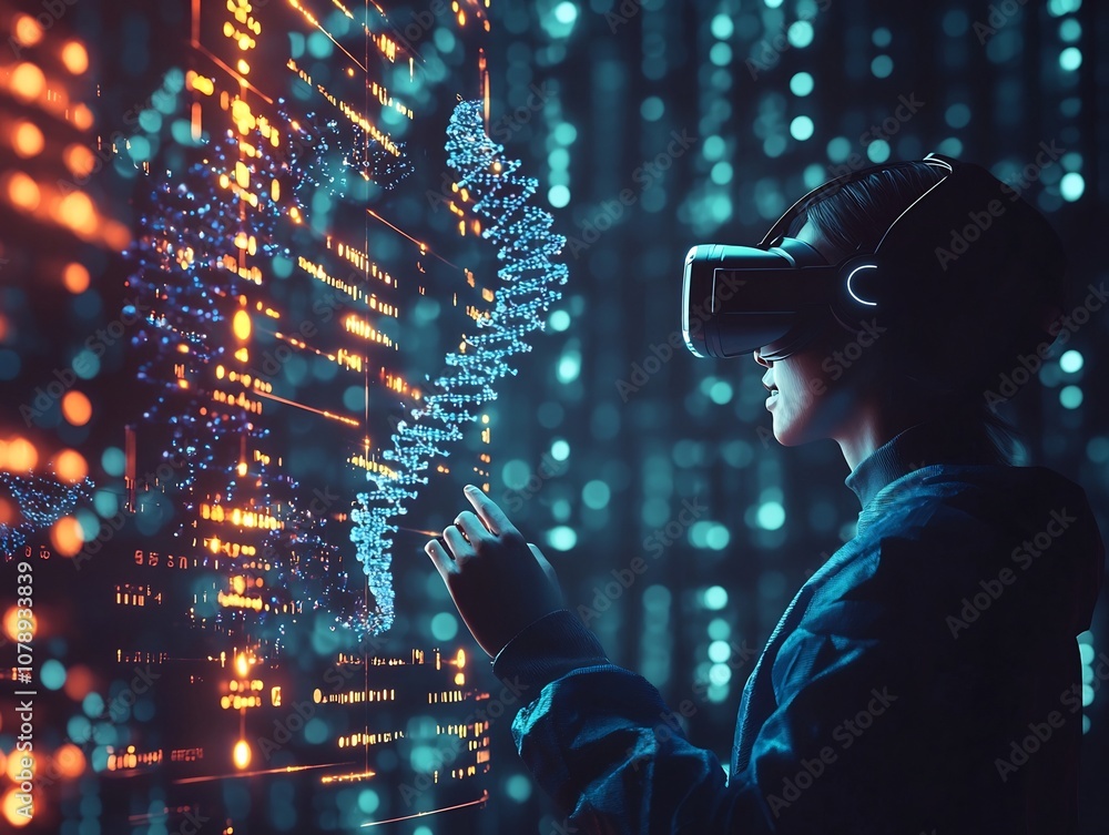 Poster virtual reality user interacting with futuristic dna data interface