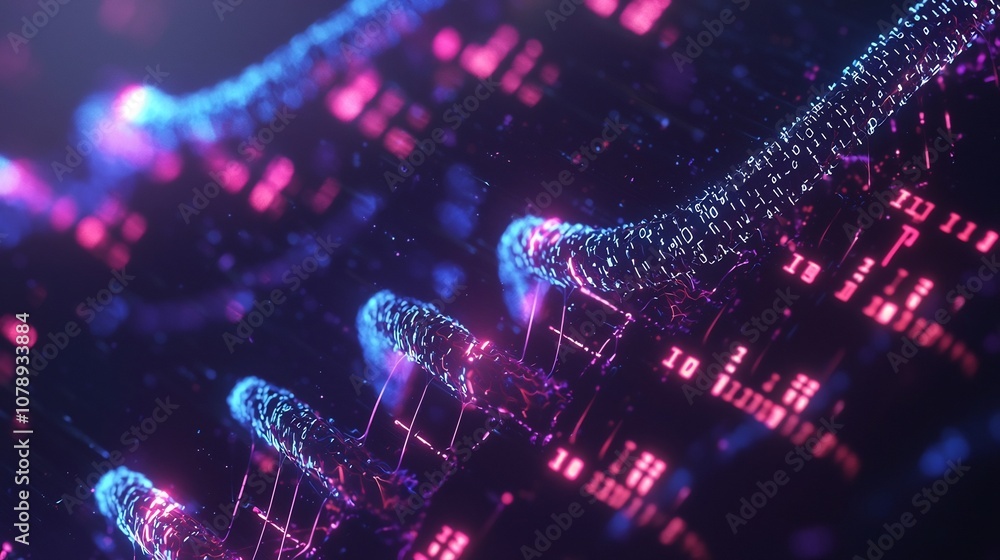 Poster educational of binary to genetic code transformation with glowing arrows