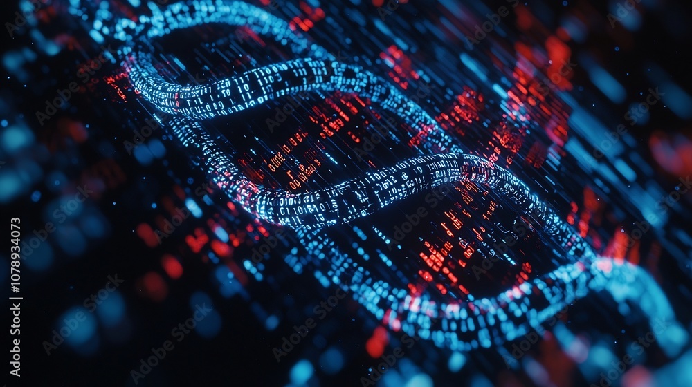 Poster glowing digital representation of a dna helix composed of binary code symbolizing technological with