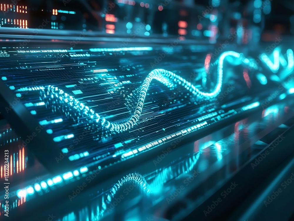 Poster futuristic dna sequencing lab analyzing glowing strands of genetic data in real time