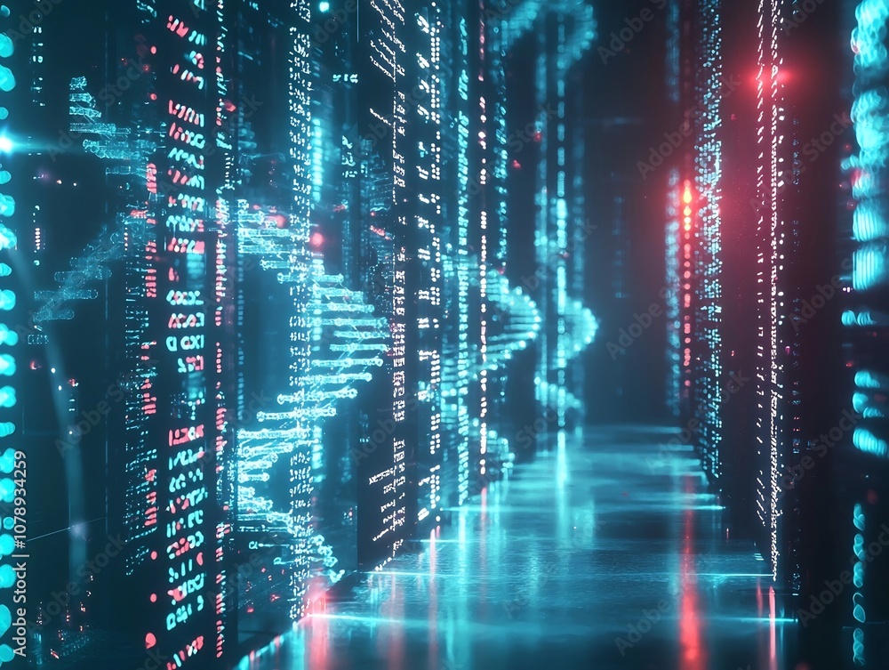 Poster futuristic dna sequencing lab analyzing glowing strands of genetic data in real time