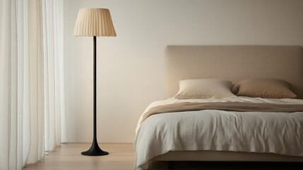 Black floor lamp with a beige pleated shade next to a bed, white wall creating a minimalist look