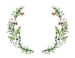 Watercolor Christmas evergreen branches simicircle symmetric wreath frame with cotton flower, thuja branches, black twigs. New Year hand drawn illustration. Artistic template design.