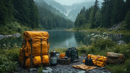 Camping gear set up by a serene lake in the mountains.