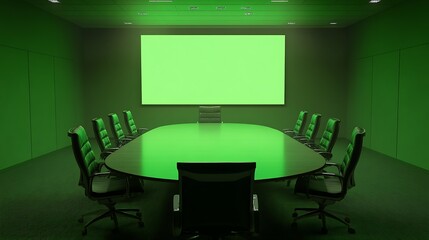 LED green screen in a virtual conference room with professional lighting and chairs
