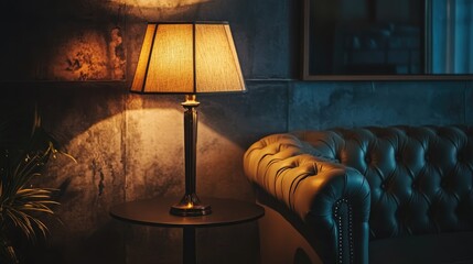 Close-up of a tall lamp on a side table beside a sofa in a dark room, casting warm light over the furniture