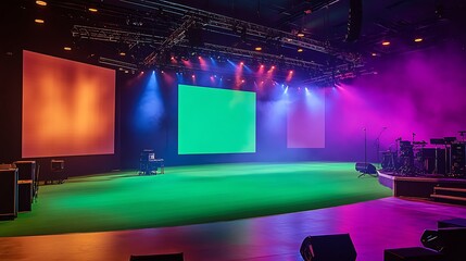 LED green screen on a stage with vibrant lighting setup for live production events