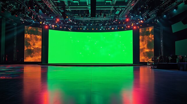 LED green screen on a stage with vibrant lighting setup for live production events