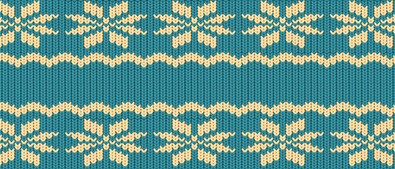 Vector horizontal knitting blue wool background. Crocheted fabric winter sweater design texture for wallpaper, background, web page backdrop, wrapping paper. Nordic knitted pattern with snowflakes 