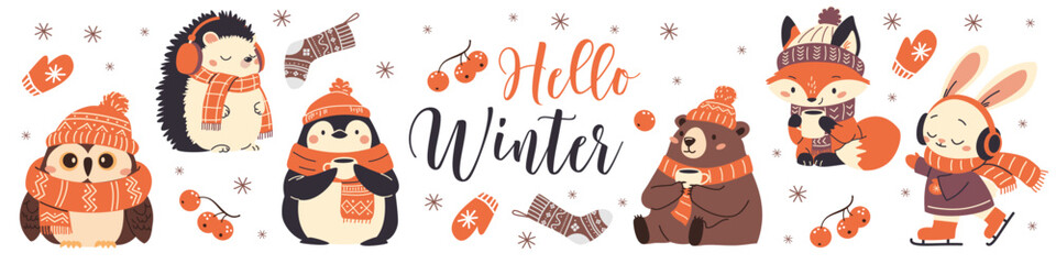 Set of flat vector illustrations on white background. It says hello winter, animals in warm scarves and hats drinking tea. Penguin fox bear bear hare hare owl hedgehog. Vector illustration