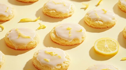 A delicious display of freshly baked lemon cookies topped with creamy icing and lemon zest sits on a soft yellow surface. The bright lemons enhance the vibrant look of the treats.