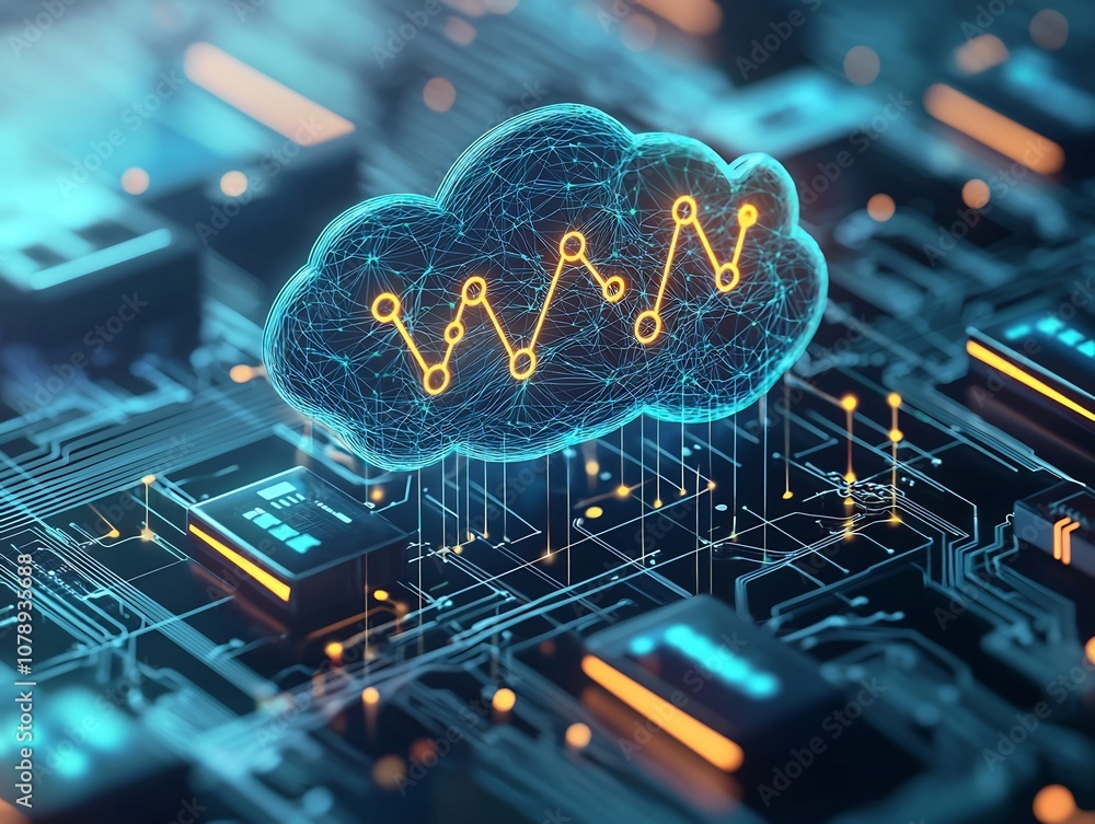 Poster networked dna data cloud integrating into digital devices symbolizing future biotechnology advanceme