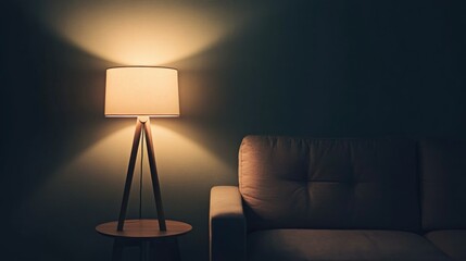 Minimalist dark room with a close-up of a tall lamp on a side table beside a comfortable sofa