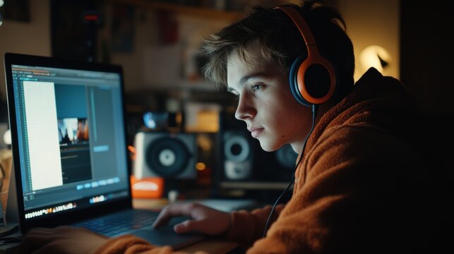 Young man streaming a video editing tutorial, focused on his laptop screen with editing software, wearing headphones, in a cozy room with ambient lighting, capturing the creative process.