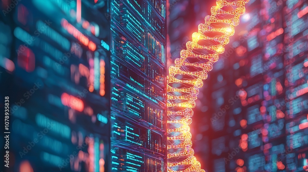 Poster conceptual digital library featuring glowing dna strands with encoded knowledge