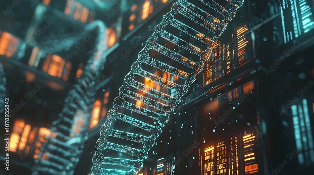 Poster conceptual digital library with dna strands glowing with encoded data