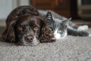 Naklejka na ściany i meble A brown Spaniel lies peacefully on a soft carpet with a grey and white cat nearby. The cozy indoor setting provides a serene atmosphere perfect for relaxation