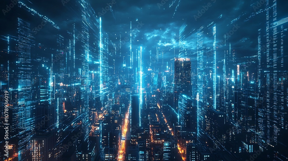 Aufkleber futuristic cityscape with glowing quantum data streams connecting a seamless metropolis