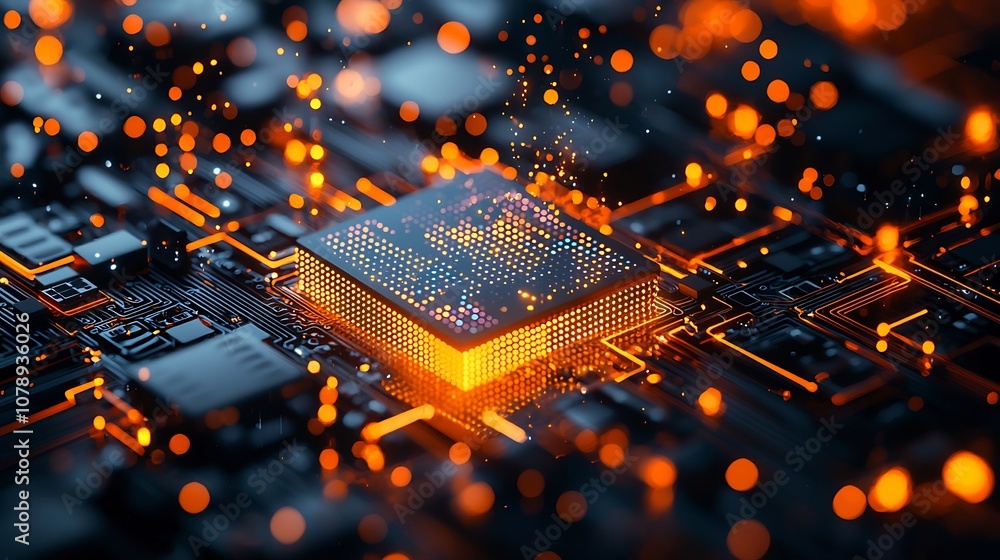 Poster glowing quantum chip embedded in server powering quantum internet concept
