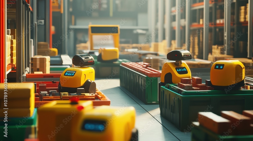 Poster logistics robots sorting and packing items in an automated warehouse