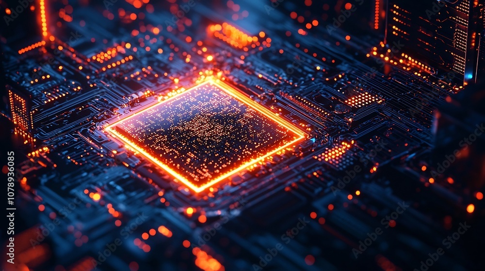 Poster glowing quantum chip embedded in server powering the quantum internet concept