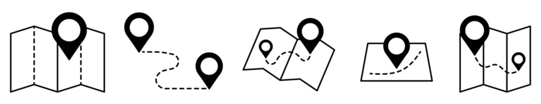 Map and location symbols set. Geolocation map distance path. Location icon. Location pin place marker.Pinpoint, map search, route, navigator. Vector illustration
