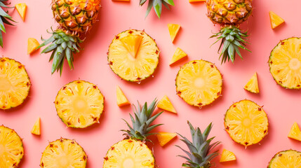 Delicious juicy pineapple slices on pink background  image. Trendy pattern with vegan dessert photo backdrop wallpaper realistic. Tropical fruits arrangement concept photorealistic