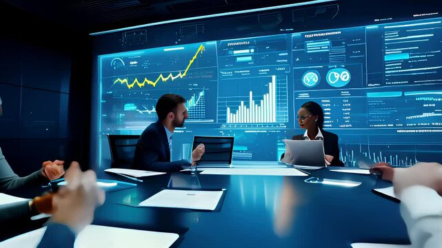 A group of business professionals engaging in a meeting, surrounded by digital displays showcasing various data analytics, in a modern, blue-lit office space.