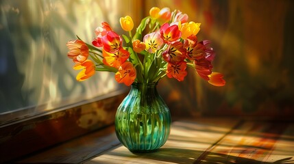 Vibrant tulips in green glass vase by sunny window closeup image. Lush bouquet of flowers basking in soft sunlight close up photography. Natural ambiance concept photo realistic