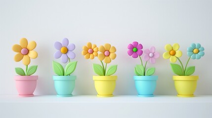 Obraz premium Assorted potted flowers in soft pastel plastic closeup image. Row of five flowerpots close up photography. Spring-themed decor. Playful modern aesthetic concept photo realistic