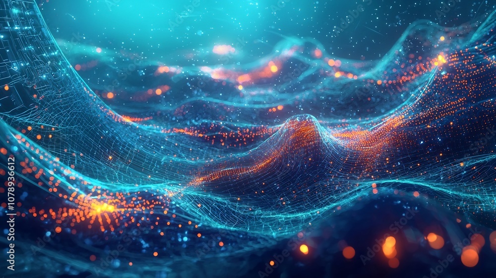 Poster glowing quantum data teleporting across futuristic digital landscape for efficient internet concept