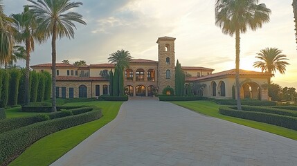Obraz premium Grand luxury mansion with manicured lawns and palm trees at sunset.