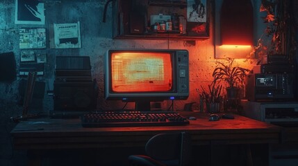 A retro computer setup with vintage TV monitor illuminated in orange against a dark room, creating a cyberpunk atmosphere with contrasting blue and red lighting
