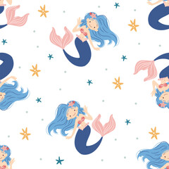 Vector set for printing on children's products. Cute mermaid, lettering and starfish. Seamless vector pattern . Vector illustration