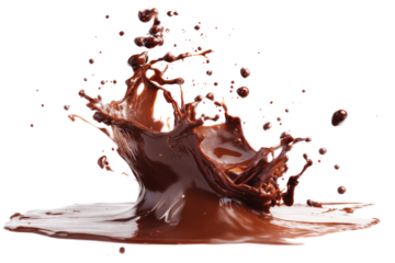 A rich, creamy chocolate splash twisting in the air, showing detailed textures and varying thicknesses of the liquid as it splatters outward.
