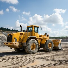 Powerful wheel loader or bulldozer working on a quarry or construction site. Earthworks in construction. Powerful modern equipment for earthworks