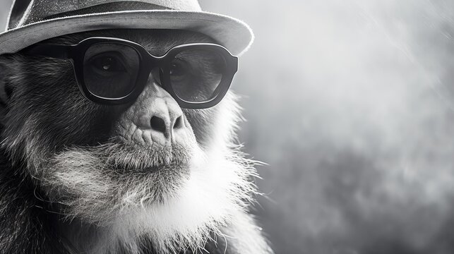 Gibbon wearing dark sunglasses. Portrait of a gibbon. Anthopomorphic creature. Fictional character for advertising and marketing. Humorous character for graphic design.