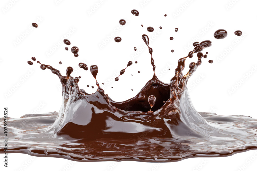 Poster a realistic 3d rendering of a thick chocolate splash forming a dynamic wave shape, with droplets sus