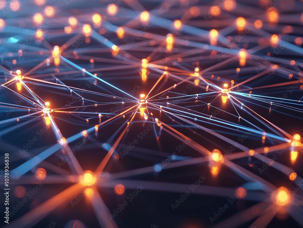 Poster glowing quantum internet network with interconnected beams of light representing secure communicatio