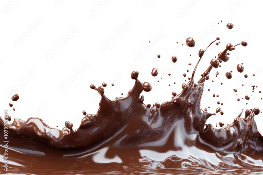 Poster a realistic 3d rendering of a thick chocolate splash forming a dynamic wave shape, with droplets sus