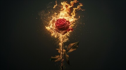 Vibrant red rose engulfed in flames against dark background closeup image. Burning flower close up photography. Fire glow, scattered sparks. Passion and intensity concept photo realistic