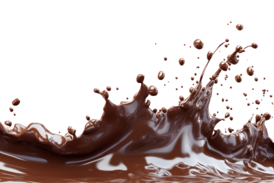 A realistic 3D rendering of a thick chocolate splash forming a dynamic wave shape, with droplets suspended in mid-air, capturing the motion of the liquid.