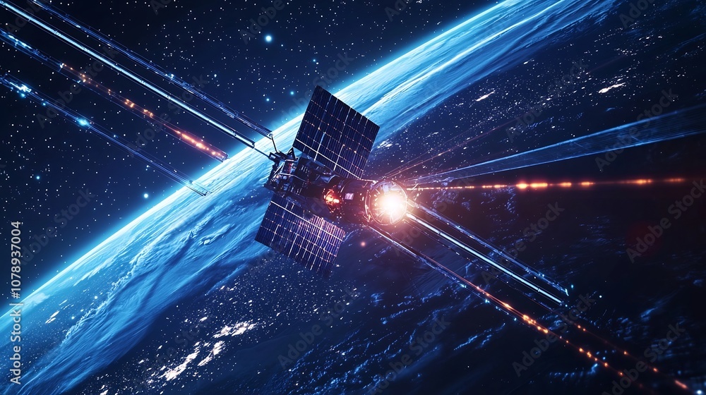 Poster quantum satellite transmitting beams of quantum data in global network