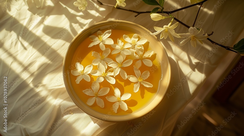 Poster bowl of honey with jasmine flowers floating on surface closeup image. illuminated by soft sunlight. 